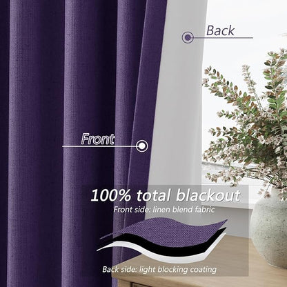 New Purple 100% Blackout Linen Curtains 96 Inch Length 2 Panels Set - Image 4