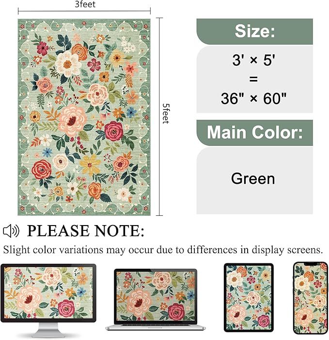 DUKINO 3x5 Area Rug, Floral Washable Rug - Image 2