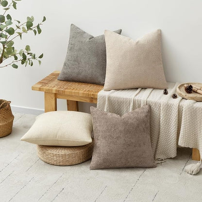 MIULEE Decorative Chenille Pillow Covers Neutral Beige 20x20 Pack of 4 | Modern - Image 4