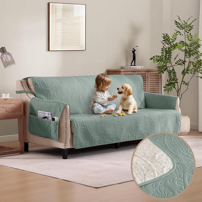 Sage Blue Quilted Sofa Cover, Anti-Slip Medallion Designed Couch Covers by Pamhaven