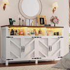 Buffet Sideboard with Storage with Power Outlets & LED Light 4 Doors, 55'' Large Farmhouse Kitchen Storage Cabinet Wood Coffee Bar Cabinet Buffet Table for Kitchen, Dining Room, Entryway