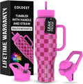 Coldest 40 oz Tumbler with Handle and Straw, 100% Leak Proof Insulated Tumbler with Lid and Straw (3 Lids), Stainless Steel Tumblers for Women & Men, Cup Holder Friendly, 46 oz (Purple Checkers)