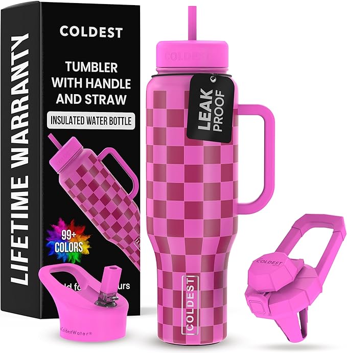 Coldest 40 oz Tumbler with Handle and Straw, 100% Leak Proof Insulated Tumbler with Lid and Straw (3 Lids), Stainless Steel Tumblers for Women & Men, Cup Holder Friendly, 46 oz (Purple Checkers)