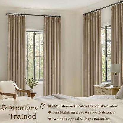 Light Brown 100% Blackout Pinch Pleated Linen 63 Inch Curtains - Image 2