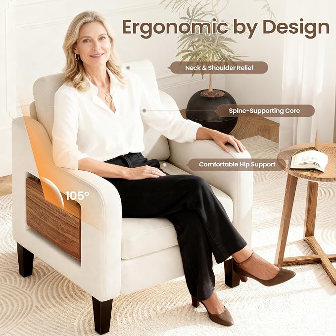 Accent Chair for Living Room Modern Linen Upholstered Armchair Side Wooden - Image 5
