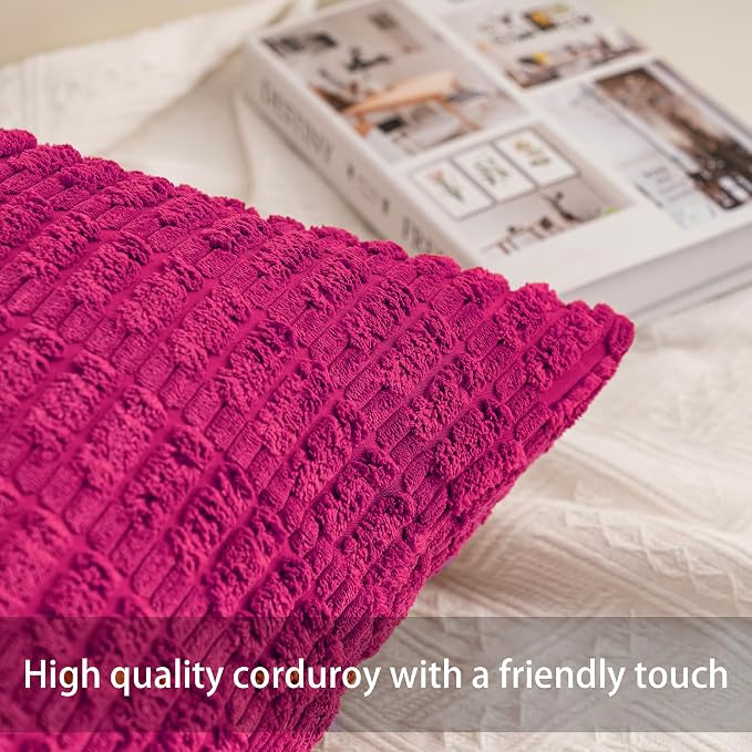Pack of 2 Corduroy Decorative Throw Pillow Covers 16x16 Inch, Rose Red | Fall - Image 2