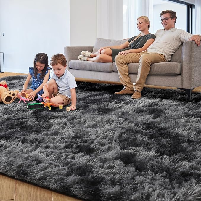 Abstract Area Rugs for Living Room 4x6, Plush Furry Tie-Dyed Dark Grey Rugs | - Image 3