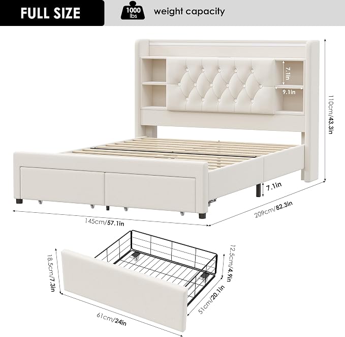 Full Bed Frame with Drawers, Hidden-Cubby & Shelves Storage Headboard with - Image 2