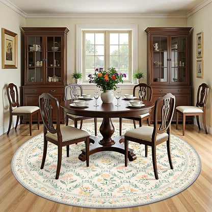PLHXFR Round Area Rug Living Room: 8 ft Floral Washable Carpet Beige Multi | - Image 3