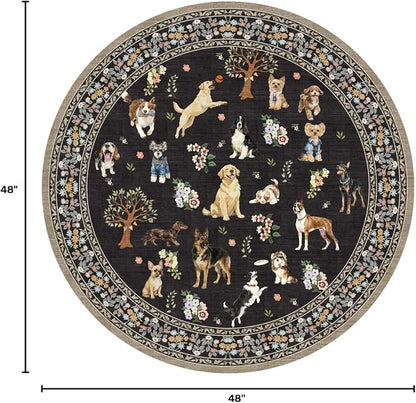 Black 4Ft Round Dogs Area Rug for Living Room Bedroom | Stain Resistant; Non - Image 2