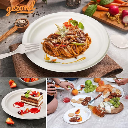 Gezond Compostable Paper Plates 250pcs Disposable Plates Heavy-Duty Paper Plates Biodegradable White Plates for Party Sugarcane Plates Cornstarch Forks Knives Spoons for 50 Guests