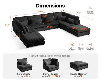 154" Oversized Corduroy Couch Modular Sectional Sofa, Washable Cloud Couch - Image 2