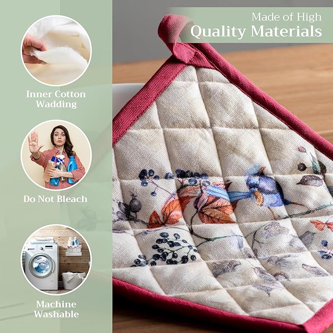 Maison d' Hermine Pot Holders Set 100% Cotton Heat Resistant Potholders 8" x 8" Hot Pads with Loop BBQ, Cooking, Baking, Grilling, Kitchen, Handling Hot Pans (Pack of 2, Equinoxe - Beige)