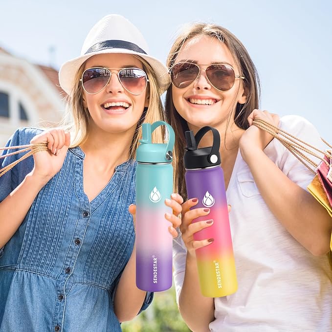 SENDESTAR Water Bottle 32oz Double Wall Vacuum Insulated Leak Proof Stainless Steel Sports Water Bottle—Wide Mouth with New Flex Straw Lid & Spout Lid (Sobert)