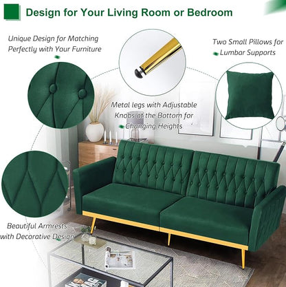 70” Velvet Futon Sofa Bed w/Adjustable Backrests and Armrests, Convertible - Image 4