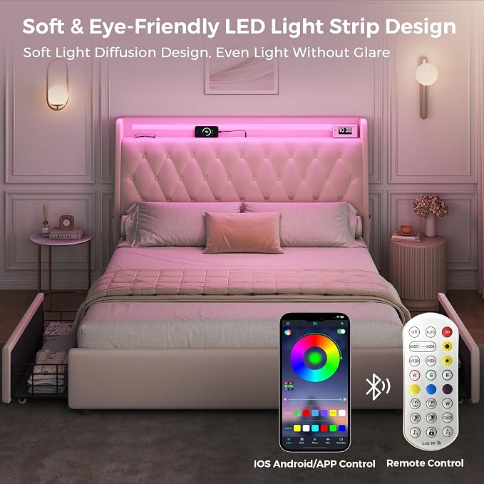 Queen LED Velvet Bed Frame - Image 6