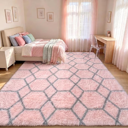 6x9 Area Rugs for Living Room Bedroom, Fluffy Pink and Grey Geometric Rug | - Image 5