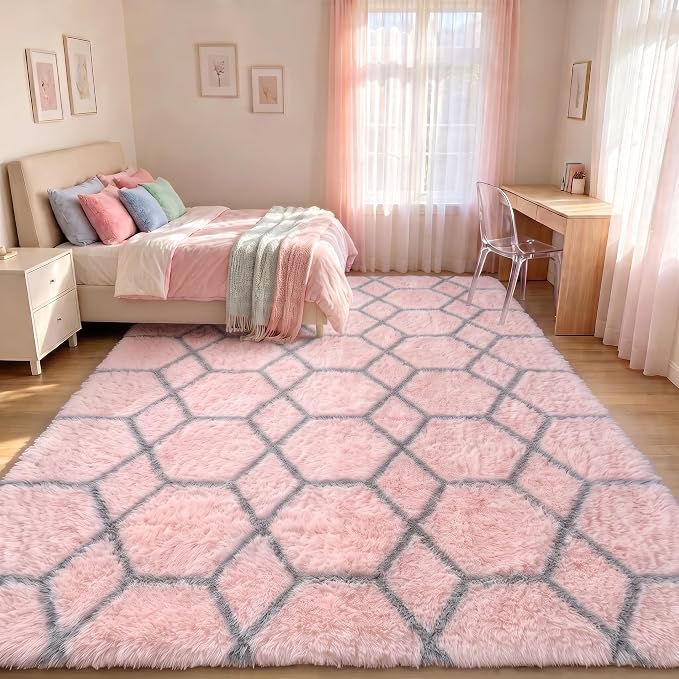 Area Rugs for Girl Bedroom Living Room, 4x6 Fluffy Pink and Grey Modern Rug | by ONASAR