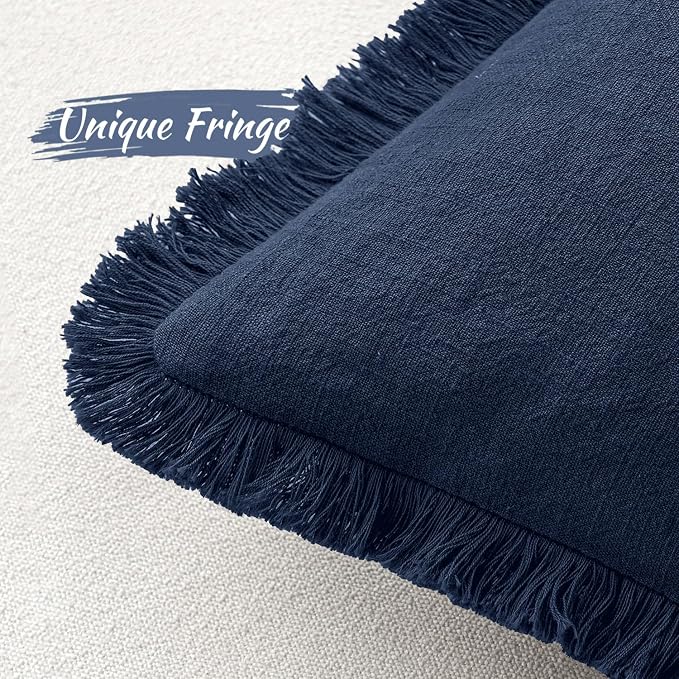 MIULEE Linen Fringe Decorative Euro Throw Pillow Covers Dark Navy 24x24 | Set - Image 3