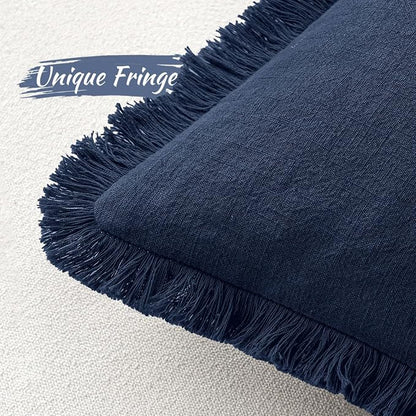 MIULEE Linen Fringe Decorative Euro Throw Pillow Covers Dark Navy 26x26 | Set - Image 3
