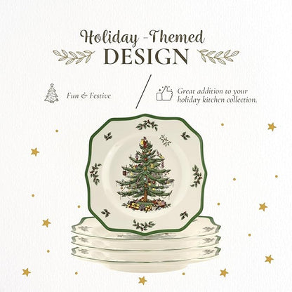 Spode Christmas Tree Scalloped Dinner Plate (Set of 4) - Holiday Stoneware Large Plates - 10.5 Inch Christmas Dinner Dishes, Colorful Gifts & Mistletoe Accents - Dishwasher & Microwave Safe