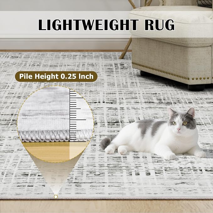 8x10 Washable Area Rug for Living Room Bedroom: Non-Slip Modern White Gray | - Image 7