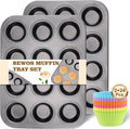 BEWOS 2 PCS Non-Stick 12 Cup Muffin Pan, Carbon Steel Mini Muffin Pan with 24 Reusable Silicone Silicone Molds, Dishwasher Safe & Easy Clean Muffin Tin, Baking Moulds for Muffins or Cupcake（Grey）