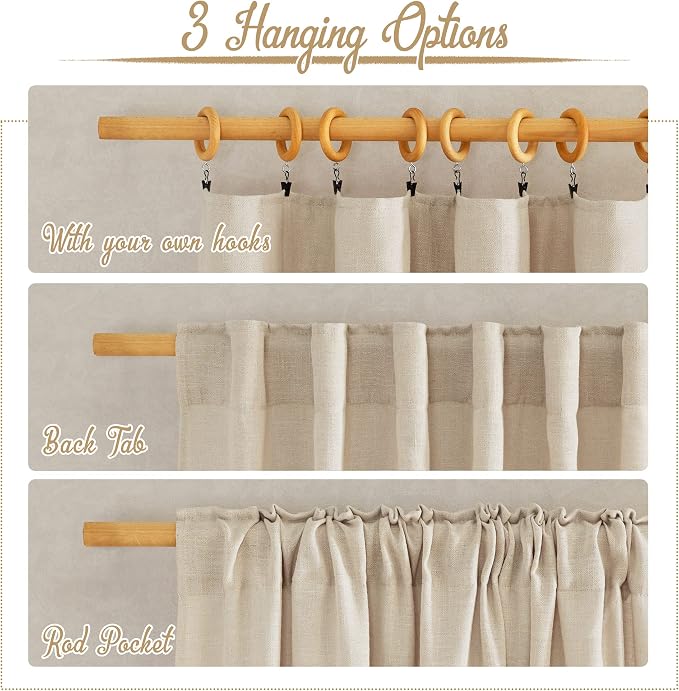 NICETOWN Beige Linen Curtains 84 inches Long, Rod Pocket & Back Tab Flax Linen - Image 2