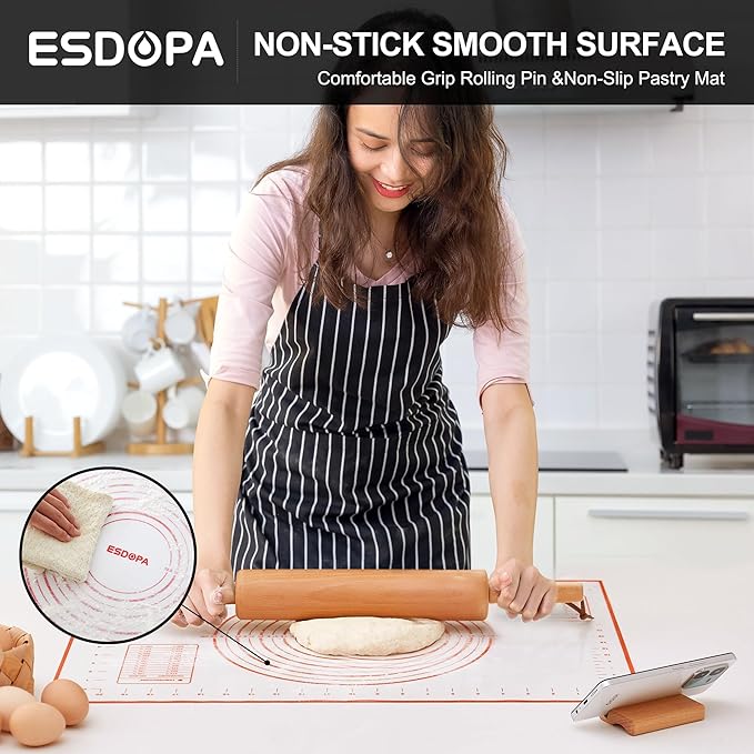Classic Wood Rolling Pin - Wooden Rolling Pins for Baking Silicone Mat Set, Dough Roller with Wood Base, Fondant Roller for Pie Crust Cookies Pizza Dough and Bread, 17 Inch