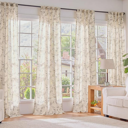 Extra Long Grey Vintage Floral Linen Curtains Farmhouse 2 Panels | Elisa Series - Image 6