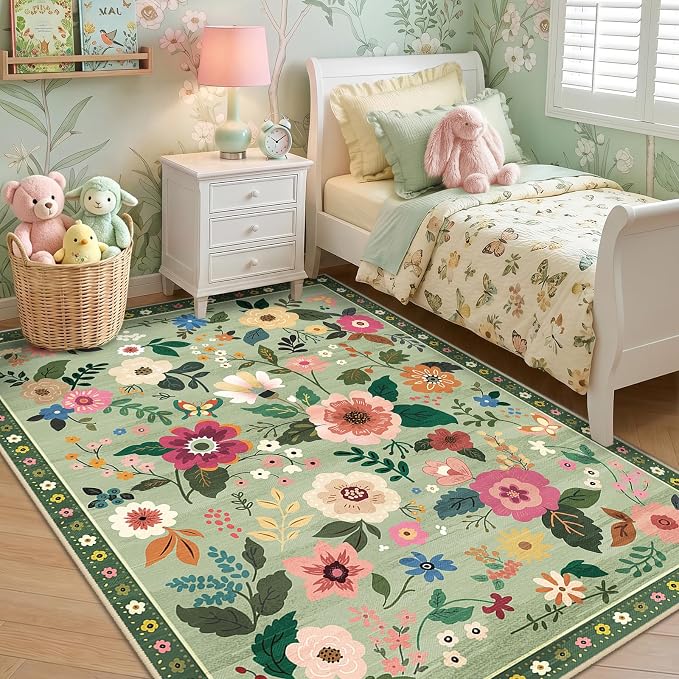 RELEANY Floral Washable 3x5 Area Rugs LightGreen | Flower Carpet Print Boho - Image 2