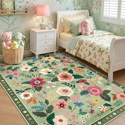 RELEANY Floral Washable 3x5 Area Rugs LightGreen | Flower Carpet Print Boho - Image 2