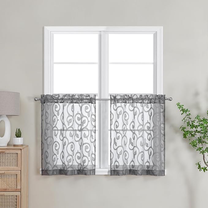 Furman Sheer Curtains Tiers 24 Inch Length 2 Panels Set, Geometric Jacquard by OWENIE