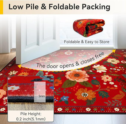Floral Washable 6x9 Area Rugs Red/Orange | Flower Carpet Print Boho Cute Non - Image 5