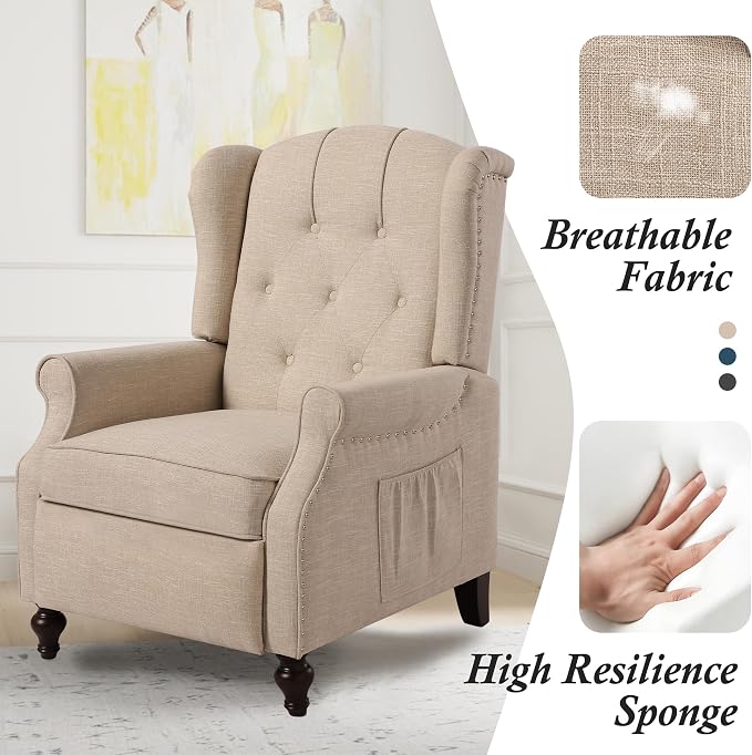 Wingback Recliner Chair with Massage and Heat, Tufted Fabric Push Back Recliner - Image 7