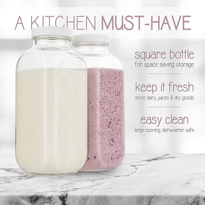 kitchentoolz 32 oz Square Glass Bottles with Plastic Airtight Lids – 4 Pack for Milk, Smoothies, Water, Kombucha, and Broth Storage