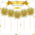 Chinco 100 Pcs Foil Firework Cupcake Toppers Sparkle Tinsel Cake Toppers Cake Decoration Cocktail Fruit Toothpick for Birthday Wedding Graduation Party(Gold)