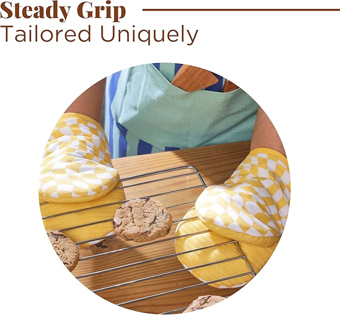 Folkulture Mini Oven Mitts or Short Oven Mitts | (5.75 x 9) Set of 2 Cotton Yellow Oven Mits Heat Resistant for Kitchen Decor | Yellow Check Kitchen Mittens or Oven Mitt with Hanging Loop