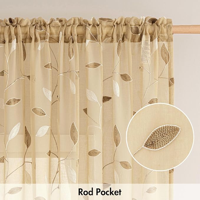 MIULEE Khaki Sheer Curtains 2 Panels Embroidered Leaf Patterned, W52 x L54 | - Image 6