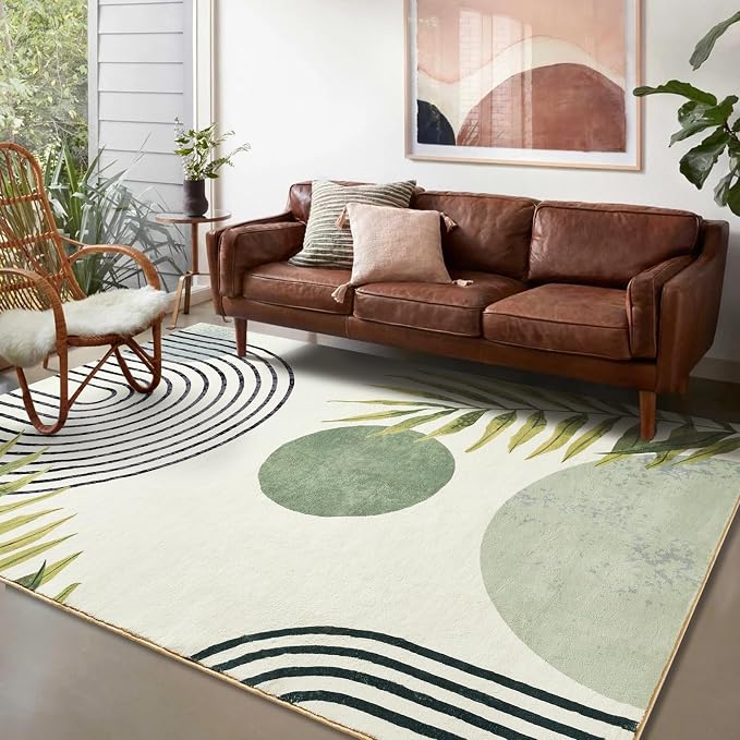 RoomTalks Mid Century Modern Washable Rug, Abstract Tropical Leaves Thin Shaggy - Image 3