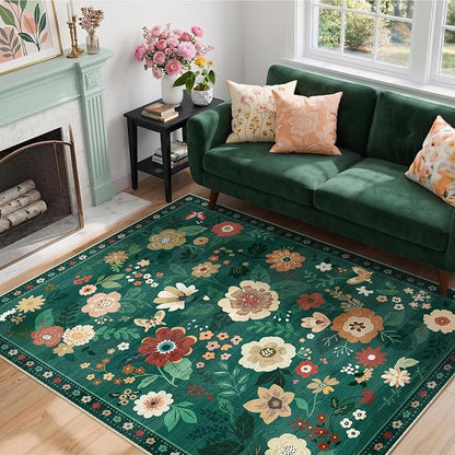 RELEANY Floral Washable 3x5 Area Rugs DarkGreen | Flower Carpet Print Boho Cute - Image 2