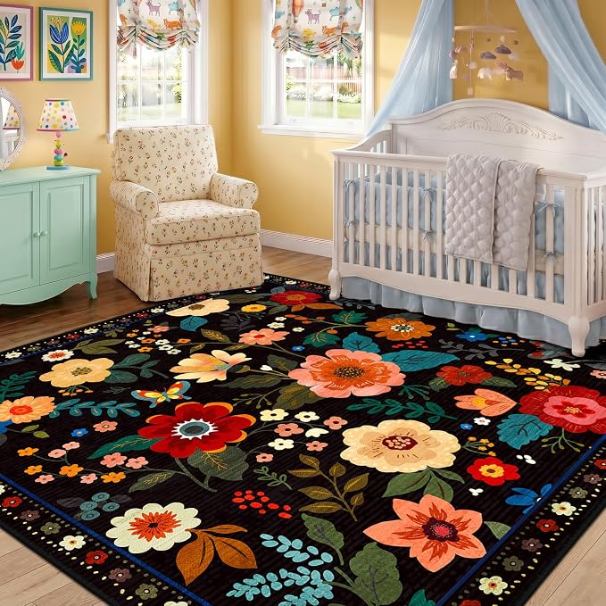 RELEANY Floral Washable Square 6ft Area Rug Black | Flower Carpet Print Boho - Image 8