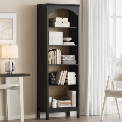 Arched Bookshelf with 5 Tier Open Shelves, Study and Living Room, Modern Black by JMHDYG