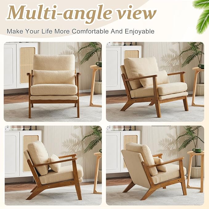 VINGLI Solid Wood Wide Armrests Accent Chair Set of 2, Upholstered Mid Century - Image 8