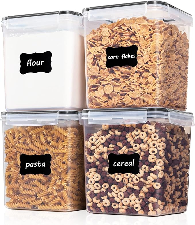 Vtopmart Food Storage Containers 4.3L / 145.4oz, 4 Pieces BPA Free Plastic Airtight Canister for Flour, Sugar, Baking Supplies, with 4 Measuring Cups and 24 Labels, Black