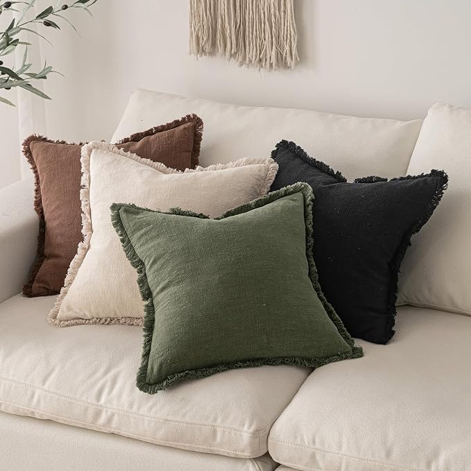 MIULEE Boho Linen Fringe Decorative Throw Pillow Covers Black 20x20 | Set of 2 - Image 5
