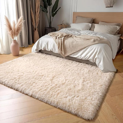 Amdrebio Beige Boho Fluffy Shag Neutral Area Rug 5x7 - Image 3