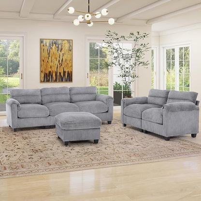 HAOMARKETS Corduroy 3-Piece Sofa Set, Upholstered Ottoman, Loveseat 2-Seater by HAOMARKETS