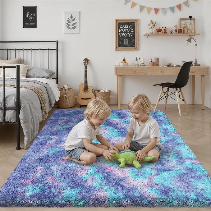 Area Rug Living Room Bedroom: 4x6 Fluffy Plush Shag Carpet Rainbow | - Image 7
