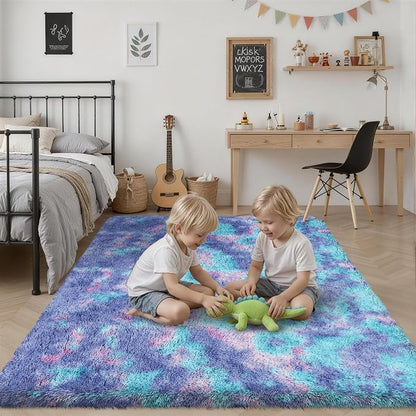 Area Rug Living Room Bedroom: 6x9 Fluffy Plush Shag Carpet Rainbow | - Image 7